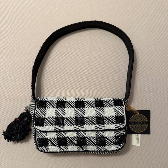 From India to You Handbags - India Beaded Bag Black & White Houndstooth w/ Swan Charm